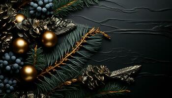 AI generated Winter celebration, gold ornament on Christmas tree branch generated by AI photo