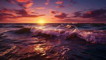 AI generated Sunset over water, waves reflecting the beauty generated by AI photo