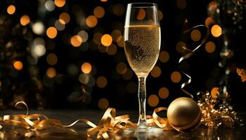 AI generated Champagne flute glowing, celebration in gold colored decoration generated by AI photo