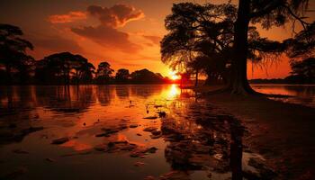 AI generated Tranquil sunset reflects beauty in nature landscape generated by AI photo