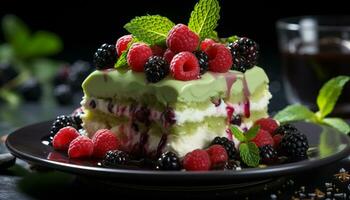 ai generado Fresco baya postre en de madera plato con menta hoja generado por ai foto