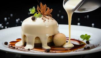 ai generado gastrónomo chocolate postre en lámina, Fresco y indulgente generado por ai foto