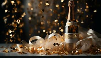 AI generated Shiny gold bottle illuminates celebration with champagne generated by AI photo