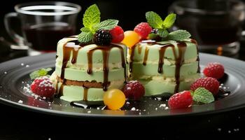 AI generated Gourmet dessert, raspberry chocolate cheesecake with mint leaf generated by AI photo