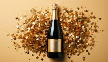 AI generated Wine bottle, celebration, gold, confetti, luxury, shiny generated by AI photo