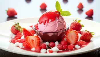 AI generated Fresh strawberry dessert, a sweet gourmet indulgence generated by AI photo