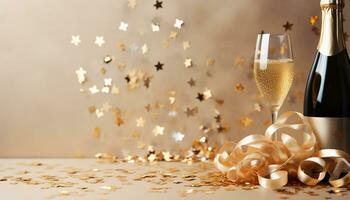 AI generated Shiny gold confetti decorate the celebration with champagne generated by AI photo