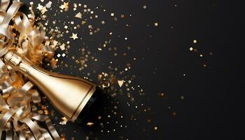 AI generated Shiny gold bottle, confetti celebration, illuminated party generated by AI photo