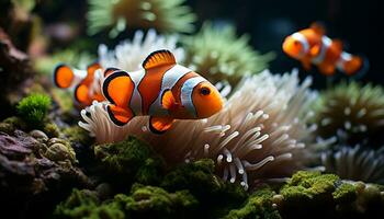 AI generated Close up of a vibrant clown fish swimming in coral reef generated by AI photo