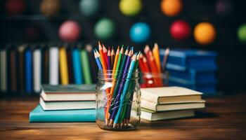AI generated Stack of books on wooden desk in library generated by AI photo