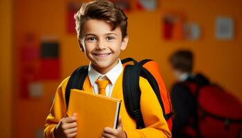 ai generado sonriente colegial participación libro, mirando a cámara generado por ai foto