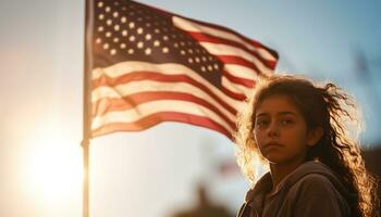 ai generado joven mujer participación americano bandera, sonriente a puesta de sol generado por ai foto