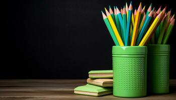 AI generated Stack of multi colored pencils on wooden table generated by AI photo