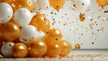 ai generado alegre celebracion con vistoso globos volador en antecedentes generado por ai foto