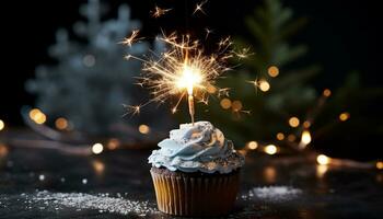 AI generated Birthday celebration with a glowing candle on cupcake generated by AI photo