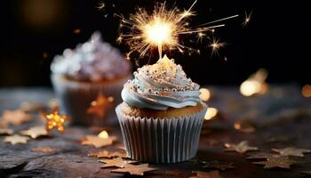 AI generated Celebration of sweet indulgence with chocolate cupcake generated by AI photo