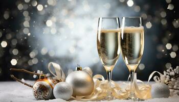 ai generado celebracion de invierno con champán, nieve, y decoraciones generado por ai foto