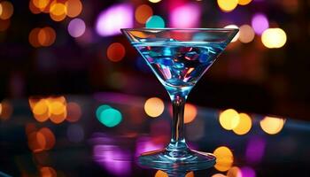 ai generado Club nocturno celebracion, martini vaso iluminado con brillante decoración generado por ai foto