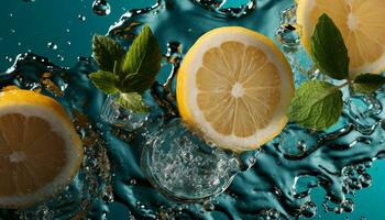 AI generated Refreshing lemonade with ice, mint, and citrus generated by AI photo