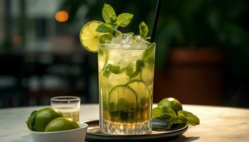 AI generated Refreshing mojito cocktail with lime and mint leaf generated by AI photo