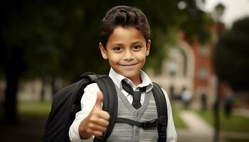 ai generado sonriente niño con mochila, retrato de felicidad generado por ai foto