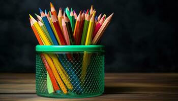 AI generated Colorful pencils arranged on a wooden desk generated by AI photo