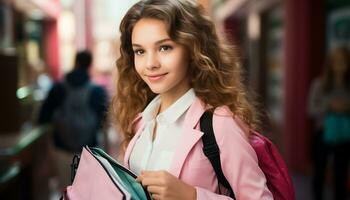 ai generado sonriente alumno, alegre chica, espalda a colegio alegría generado por ai foto