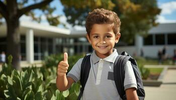 AI generated Smiling schoolboy standing, looking at camera with confidence generated by AI photo