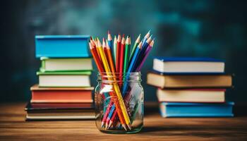 AI generated Stack of books on desk, a student studying generated by AI photo