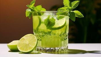 AI generated Refreshing mojito cocktail with lime and mint leaf generated by AI photo