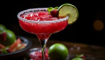 AI generated Refreshing cocktail with lime, ice, and strawberry generated by AI photo