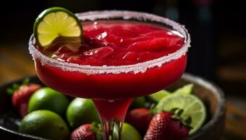 AI generated Refreshing cocktail with lime, strawberry, and ice generated by AI photo