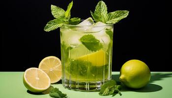 AI generated Refreshing lemonade with mint leaf garnish and ice generated by AI photo