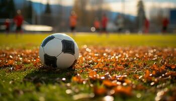 ai generado jugando fútbol en un verde campo trae éxito generado por ai foto