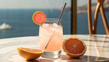 AI generated Refreshing citrus cocktail on wooden table, summer relaxation generated by AI photo