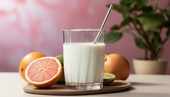 AI generated Refreshing drink on wooden table, healthy and organic generated by AI photo