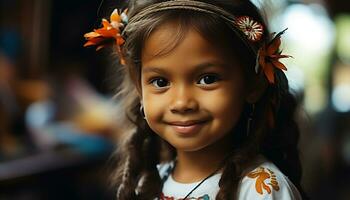 ai generado sonriente niño, linda y alegre, mirando a cámara generado por ai foto