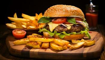 ai generado A la parrilla hamburguesa con queso, papas fritas, y tomate generado por ai foto