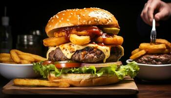 ai generado A la parrilla carne de vaca hamburguesa con queso, papas fritas, y ensalada generado por ai foto