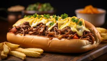 AI generated Grilled beef on bun, with fries and ketchup generated by AI photo