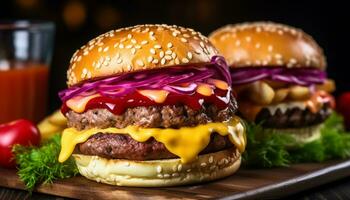 ai generado A la parrilla carne de vaca hamburguesa con queso, tomate en hecho en casa bollo generado por ai foto