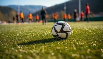 ai generado hombres jugando fútbol en verde campo, lograr éxito generado por ai foto