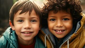 ai generado sonriente Niños disfrutando juguetón naturaleza, unión en otoño generado por ai foto