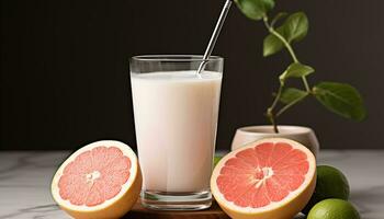 AI generated Refreshing citrus cocktail on wooden table, healthy indulgence generated by AI photo