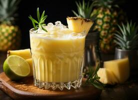 AI generated Refreshing pineapple cocktail on wooden table, summer delight generated by AI photo