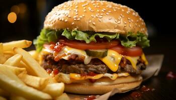 ai generado A la parrilla carne de vaca hamburguesa con queso, papas fritas, y ensalada generado por ai foto