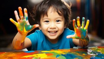 AI generated Smiling children painting, creating joyful and colorful art generated by AI photo