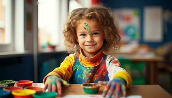 AI generated Smiling Caucasian girls enjoying playful preschool art generated by AI photo