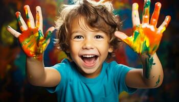 AI generated Cheerful children painting, smiling with joy and excitement generated by AI photo