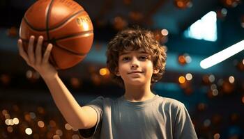 ai generado sonriente Niños jugando baloncesto, alegre celebracion de infancia generado por ai foto